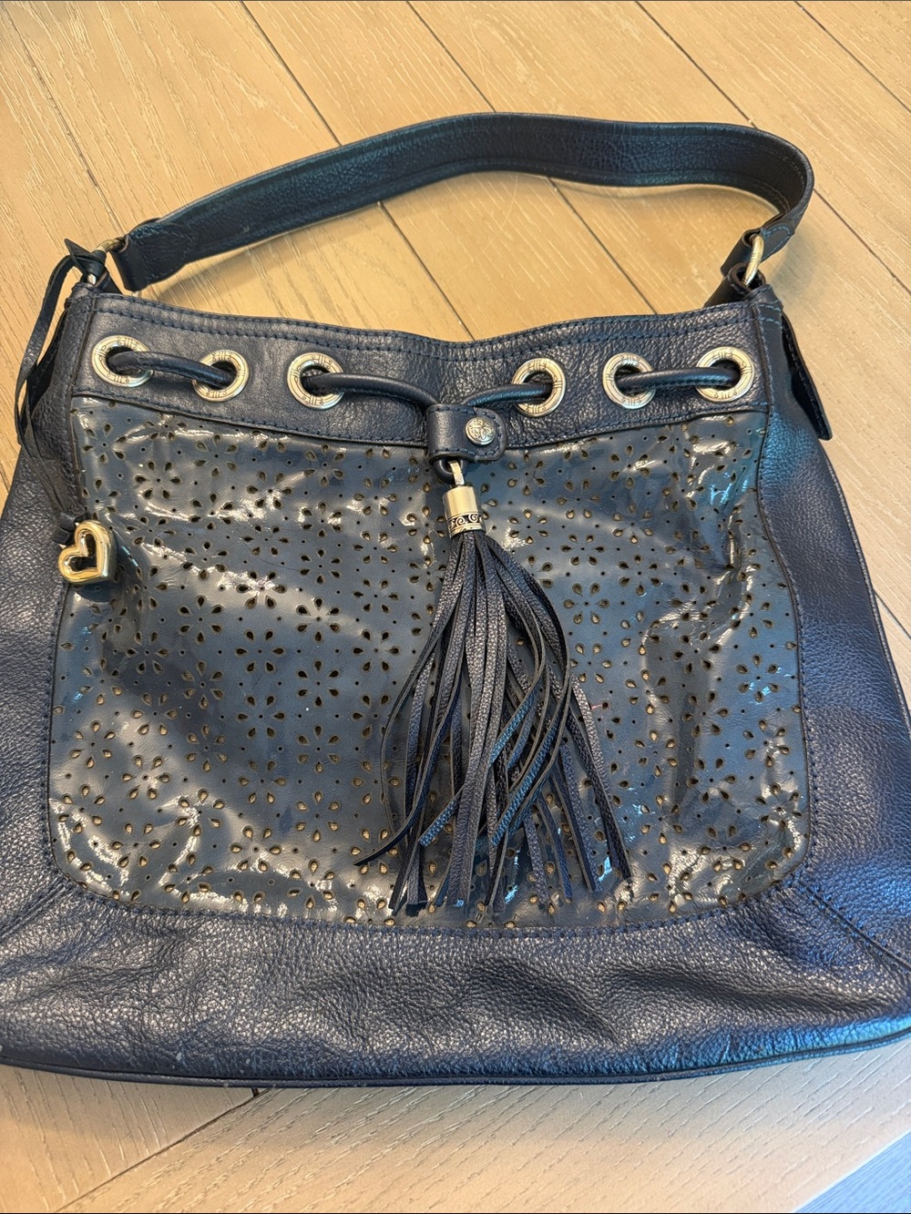 Brighton Navy Perforated Shoulder Bag with Tassel